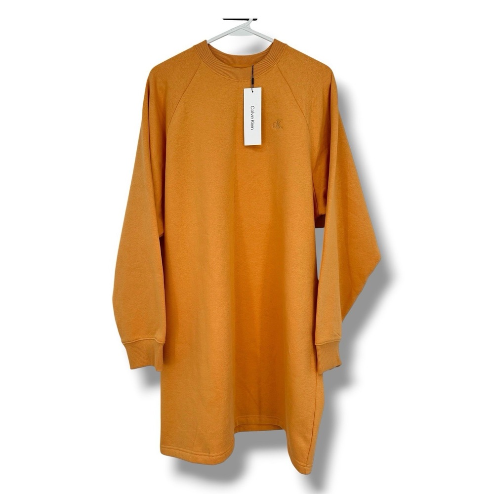 Calvin Klein Sweatshirt Dress L Orange Fleece Logo Tunic Lounge Casual NWT